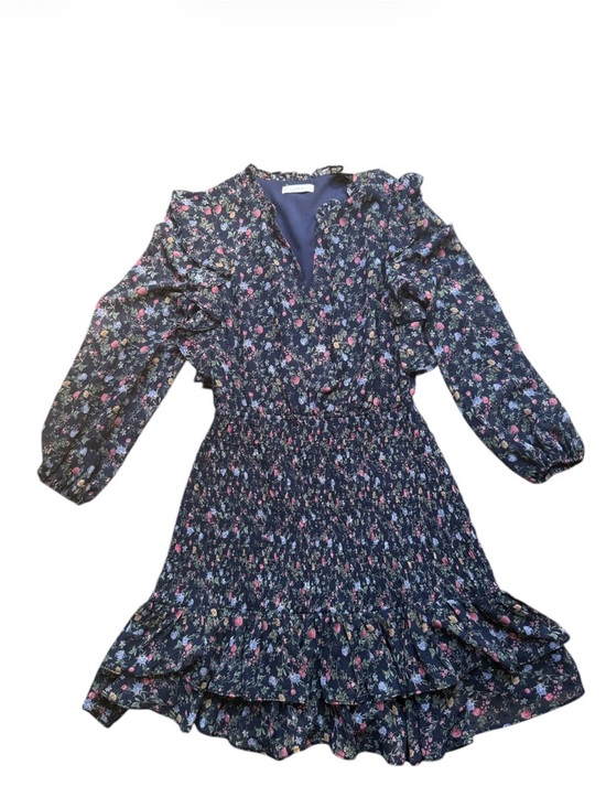 Lush Floral Smocked Mini Dress Medium Navy Blue Ruffle Long Sleeve Cottagecore - Picture 2 of 8